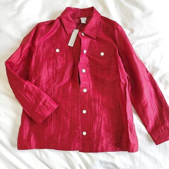 Chico's Basic Jacket Womens 3 Red Button Front Long Sleeve Collared Comfortable - Picture 1 of 9